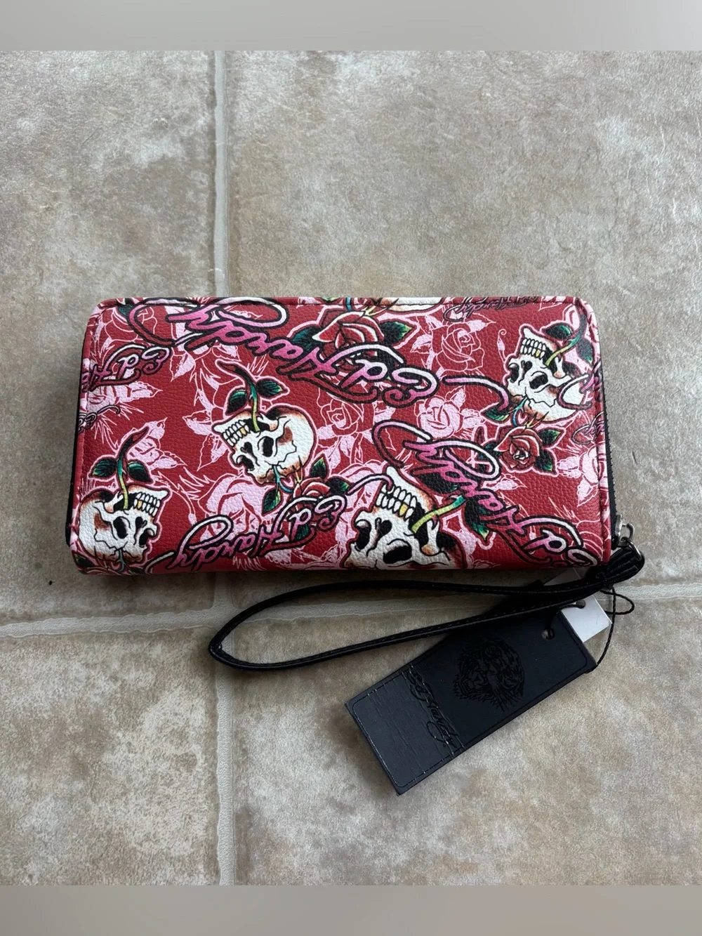 Ed Hardy Pink Skull & Rose Zip-Around Wristlet